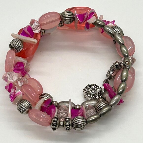 Charming Charlie's Memory Wire Bracelet, Pink and Silver-tone Beaded Boho Chic - Picture 3 of 12